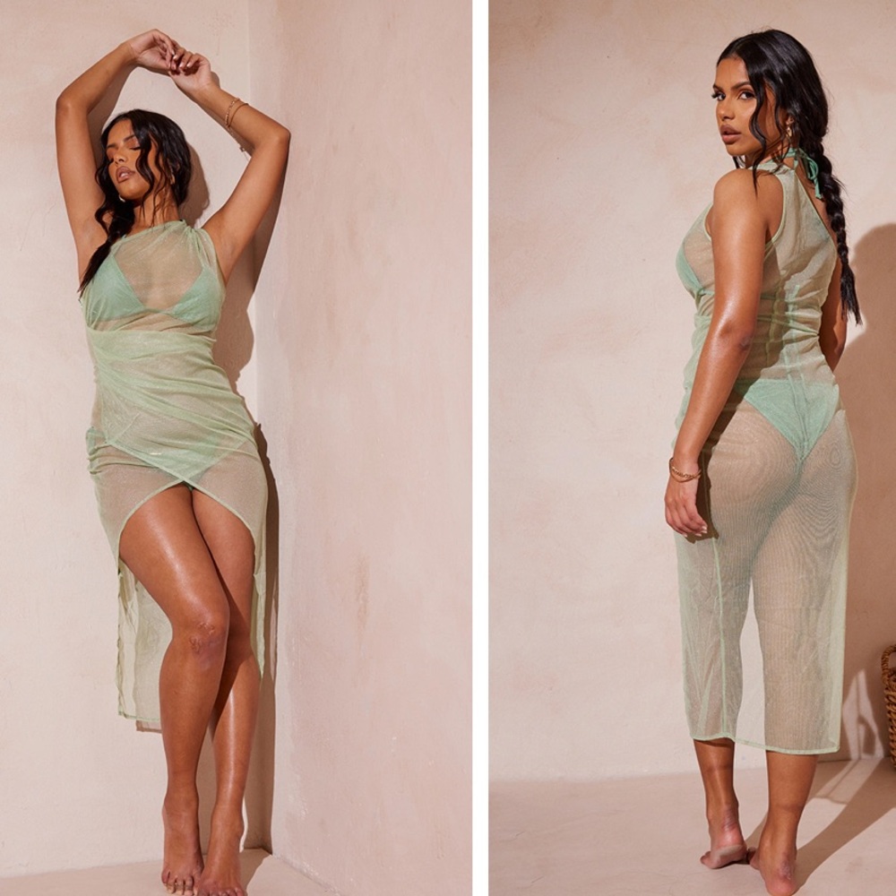 NWT Mint Glitter Mesh One Shoulder Midi Dress